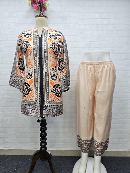 Ethnic Charm Co-ord Set – Vibrant Floral Print with Beige Base