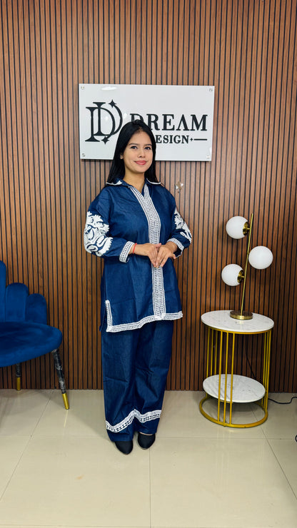 Women's Denim Blue Embroidered Co-ord Set | Casual Western Wear