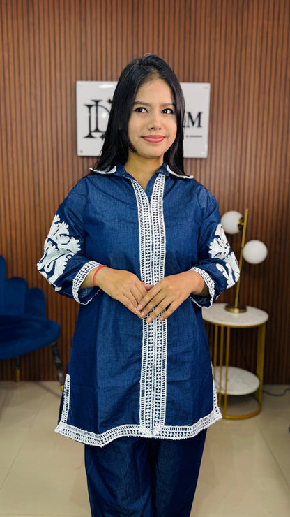 Women's Denim Blue Embroidered Co-ord Set | Casual Western Wear