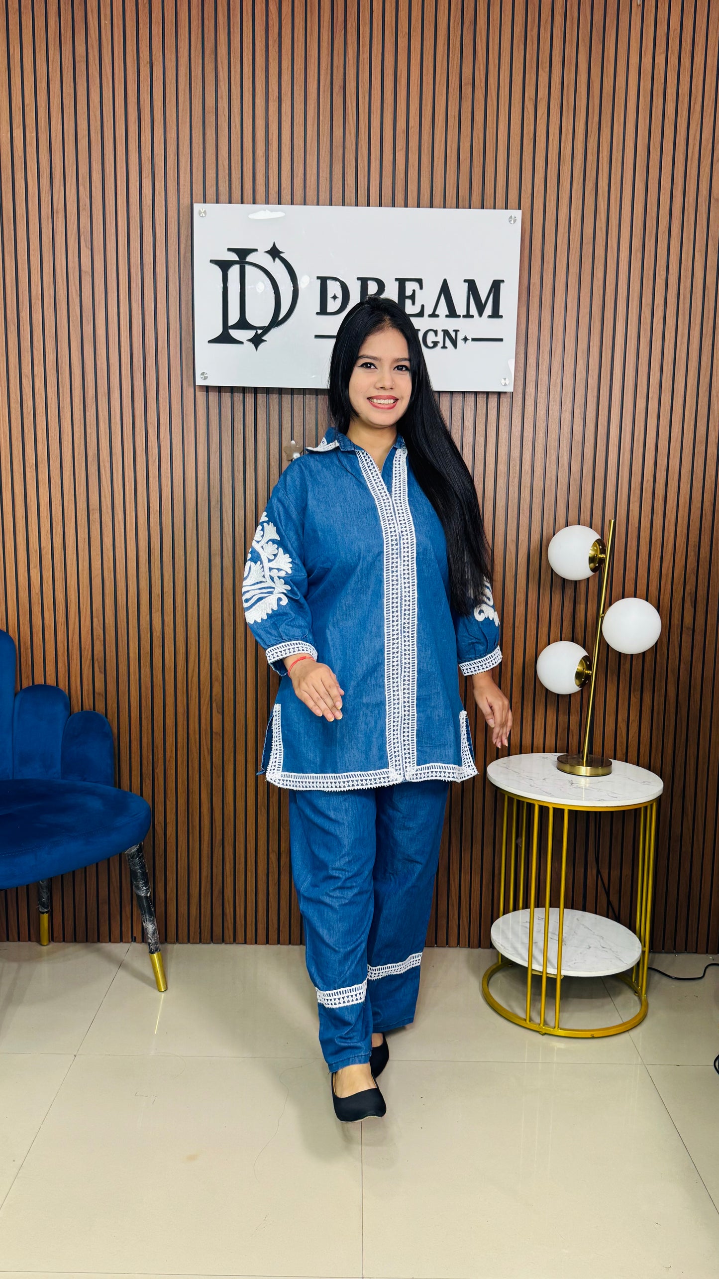 Women's Denim Blue Embroidered Co-ord Set | Casual Western Wear