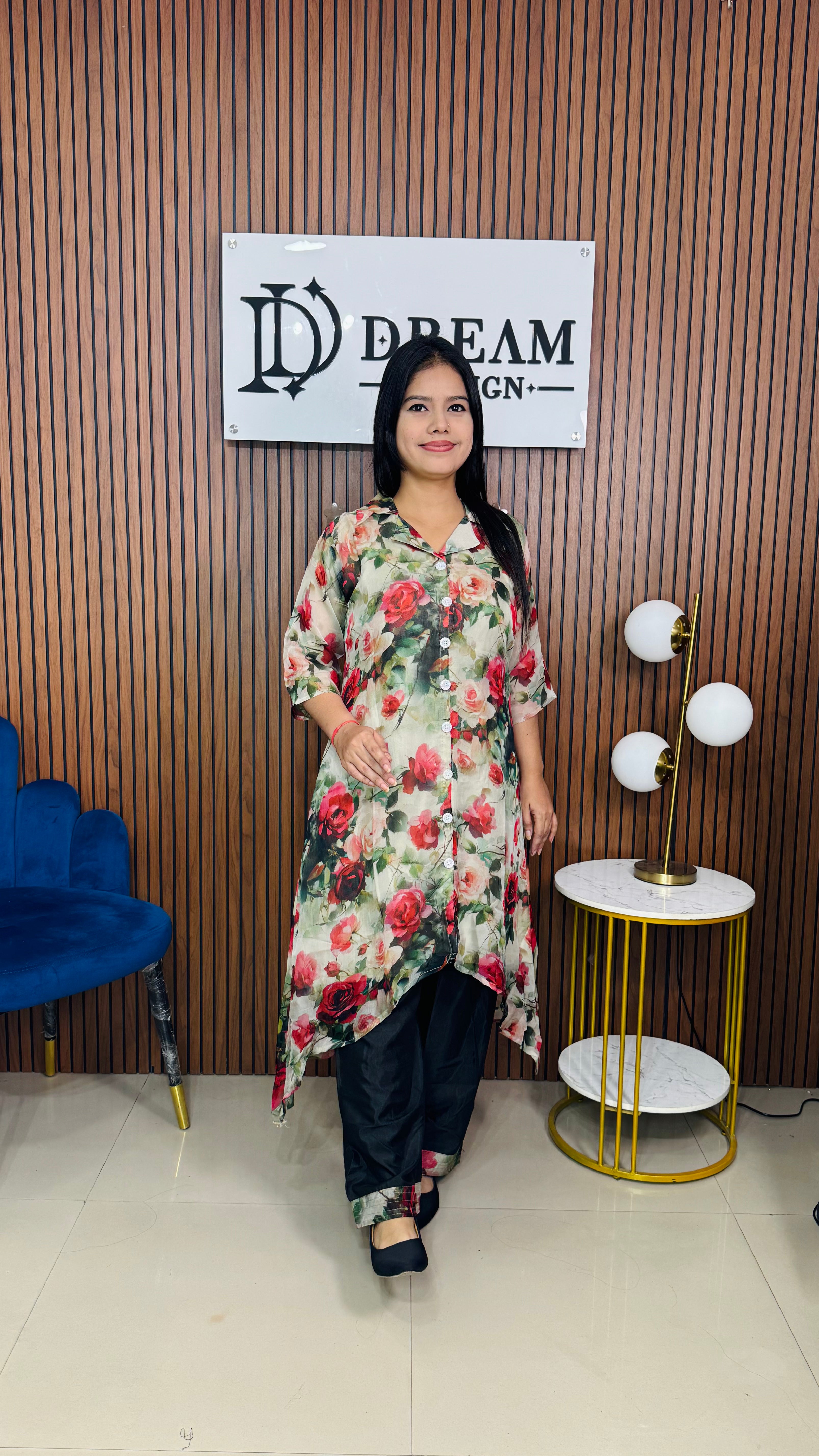 Dream Design Women's Floral Printed Co-ord Set | Asymmetric Kurta with Pants