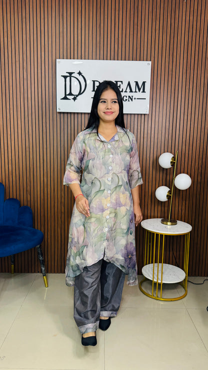 Dream Design Women's Floral Printed Co-ord Set | Asymmetric Kurta with Pants