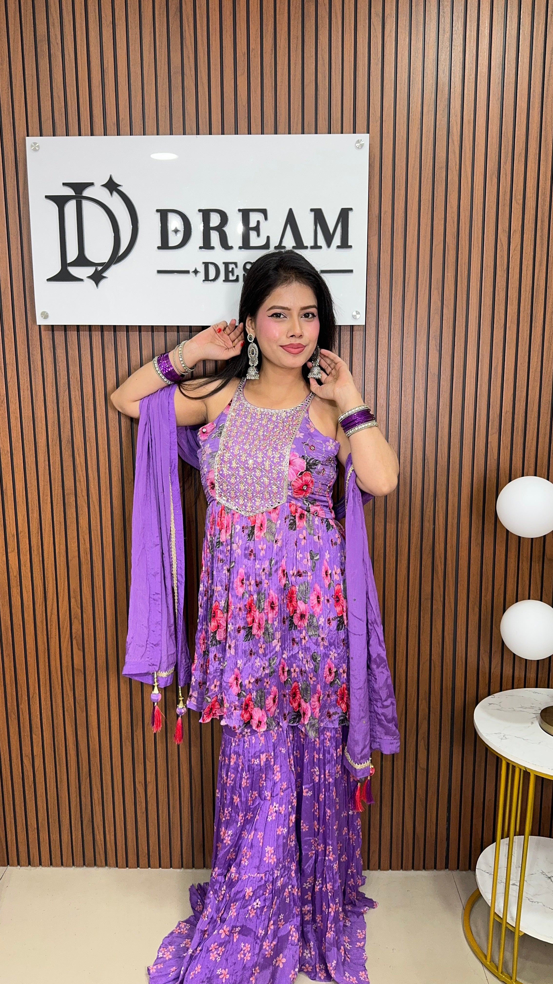 Dream Design Purple Floral Print Sharara Suit Set with Embroidered Yoke, Sleeveless Kurta
