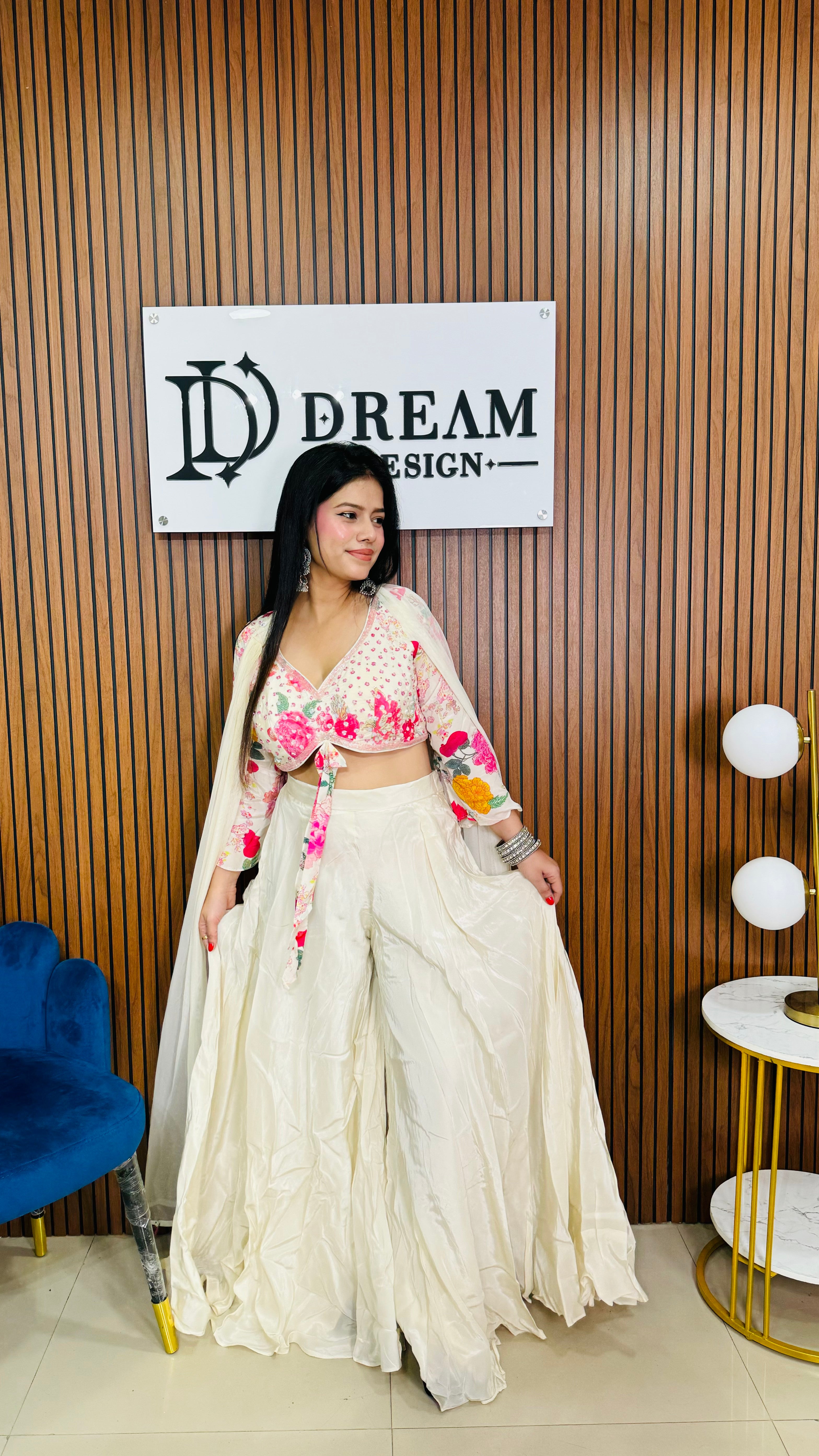 Dream Design Womens Floral Embroidered Crop Top with Sheer Cape & Palazzo Pants Set Perfect for Festive Occasions