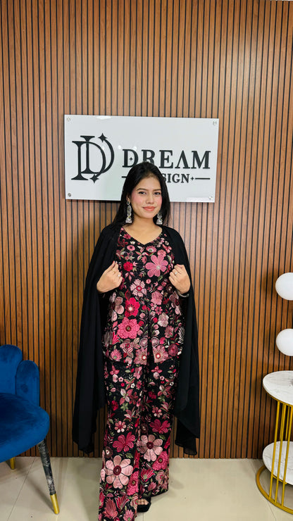 Dream Design Womens Black Floral Embroidered Co-ord Set with Matching Dupatta Perfect for Diwali and party wear