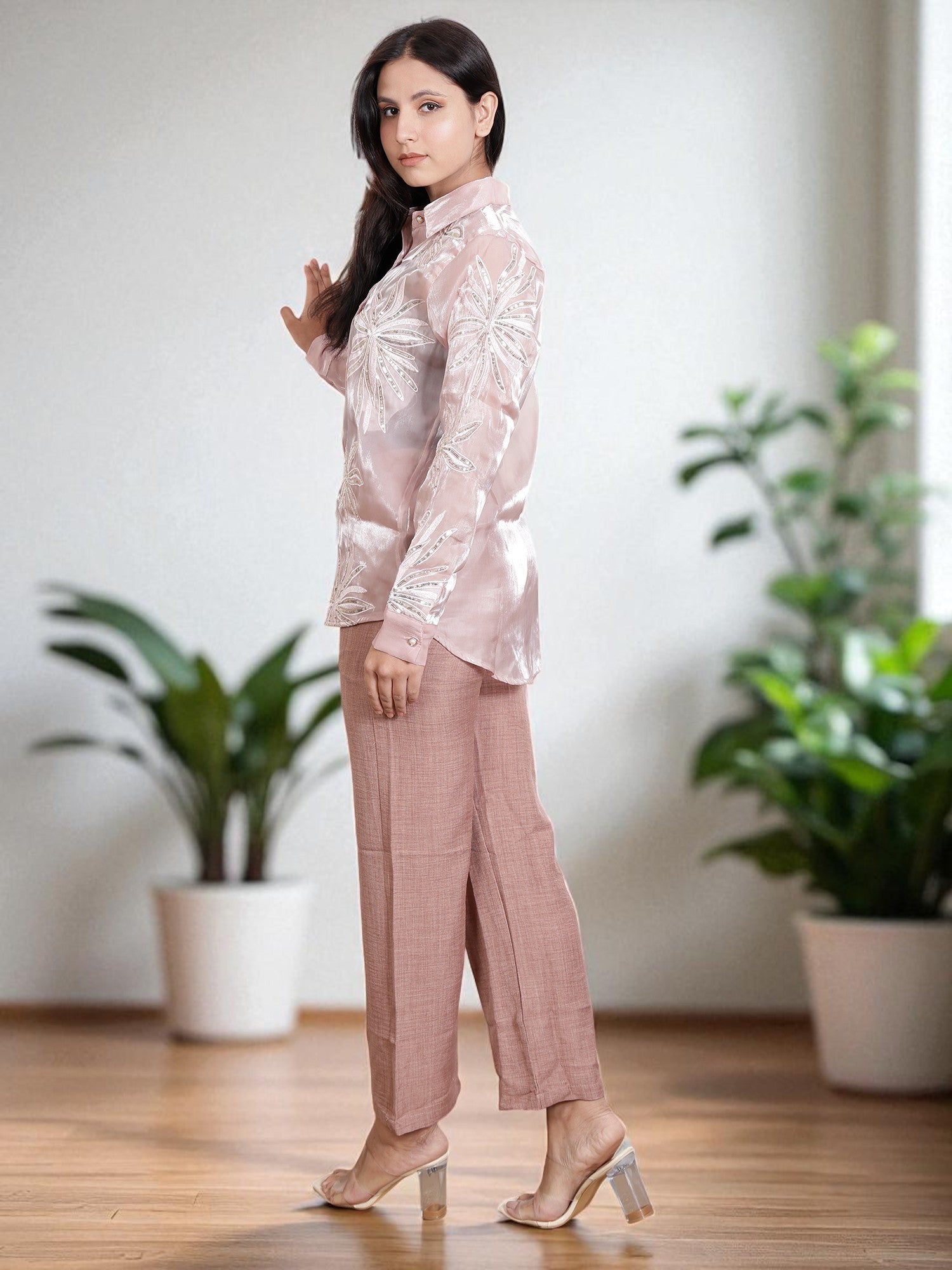 Women’s Embroidered Sheer Shirt with Straight Pants | Stylish Co-Ord Set