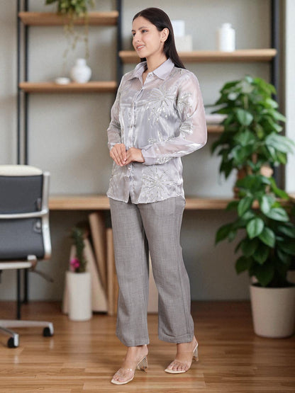 Women’s Embroidered Sheer Shirt with Straight Pants | Stylish Co-Ord Set